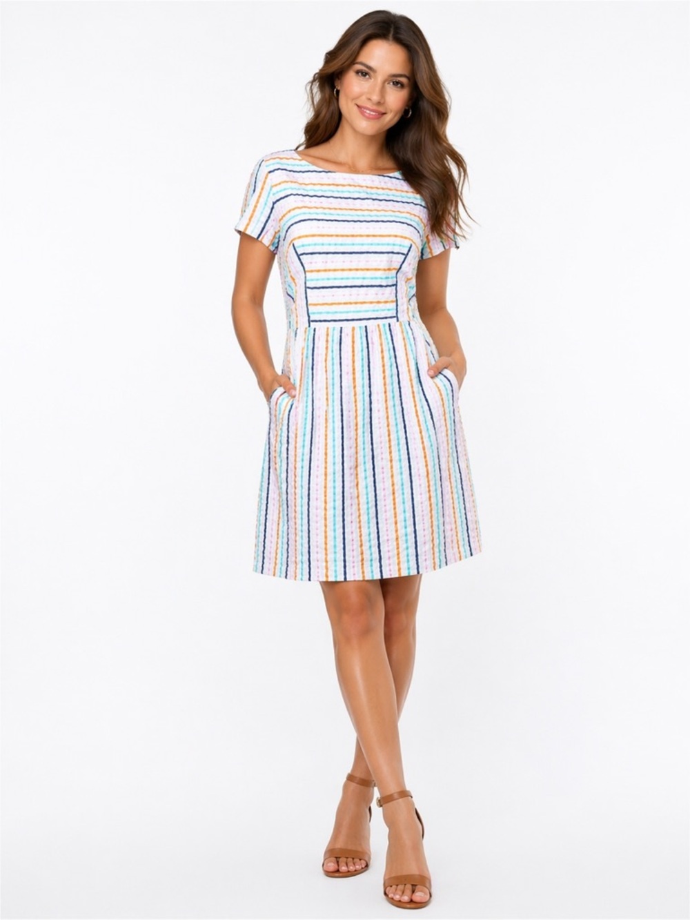 Brooks Brothers White Multi-Color Striped Midi Dress seersucker size 10